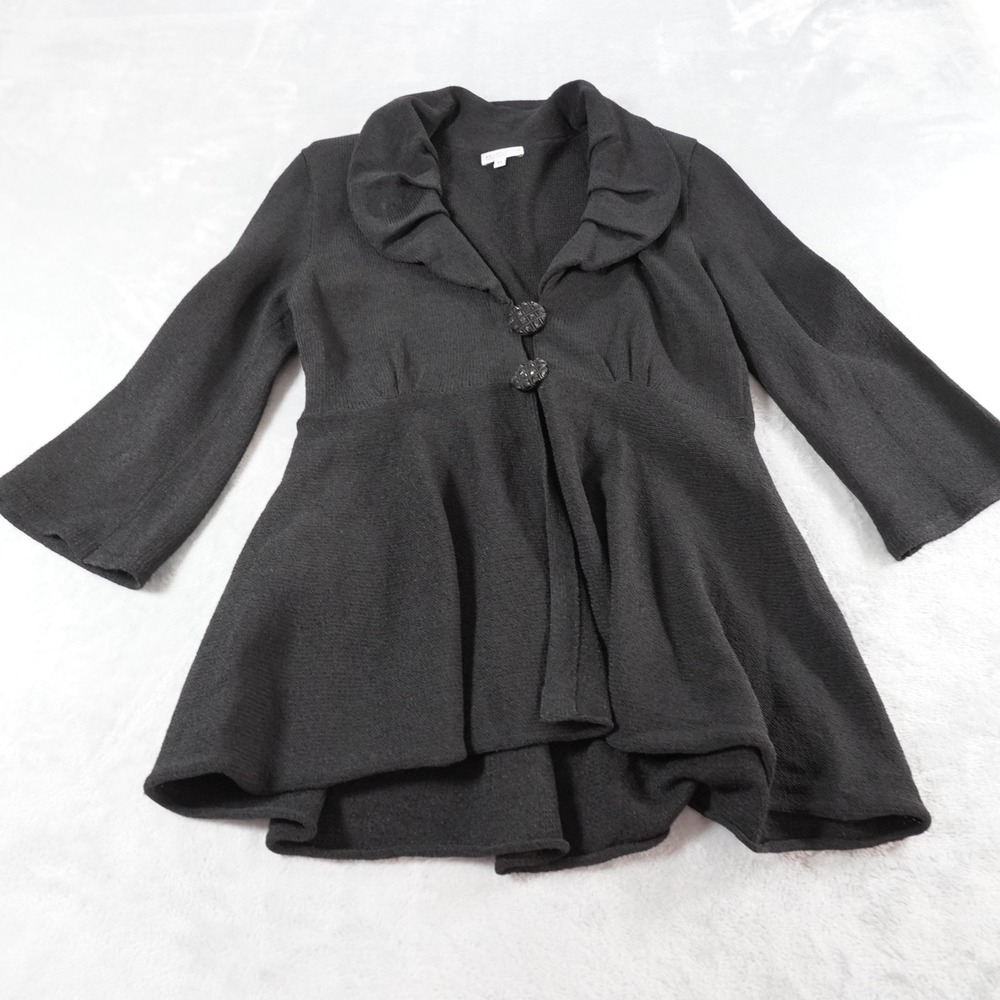 Ball of Cotton Hand Loomed Cardigan Womens M Black Peplum Pleated Collar Jacket - Picture 4 of 13